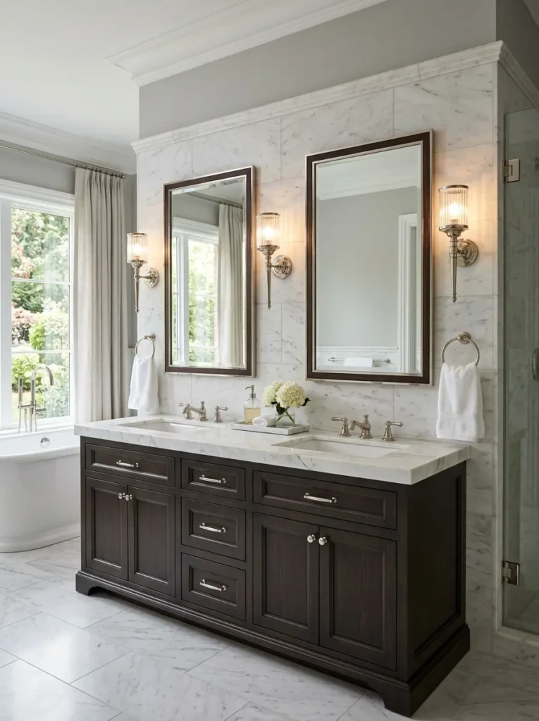 Twin mirrors with coordinated wall sconces in a luxury bathroom.