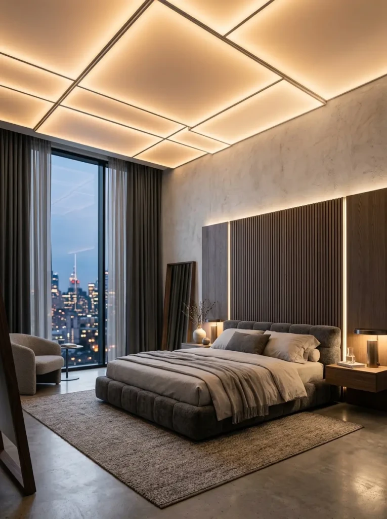 Contemporary luxury bedroom with glowing backlit ceiling panels.