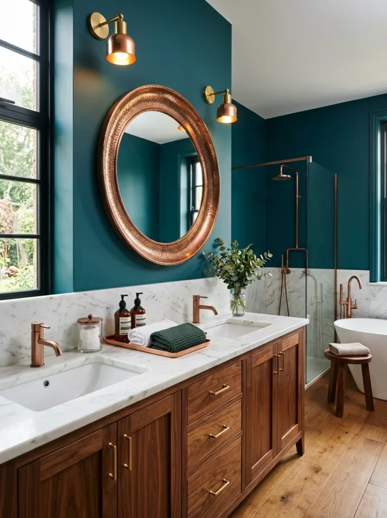 Teal walls paired with brass fixtures and marble surfaces