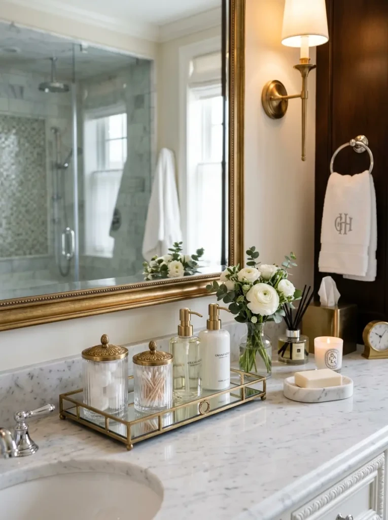 Bathroom vanity featuring matching dispensers, trays, and glass containers