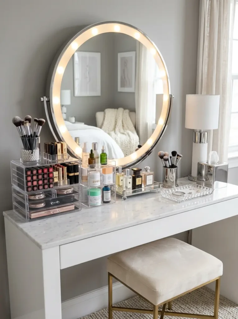 Acrylic organizers and chrome accessories displayed neatly on a bedroom vanity.