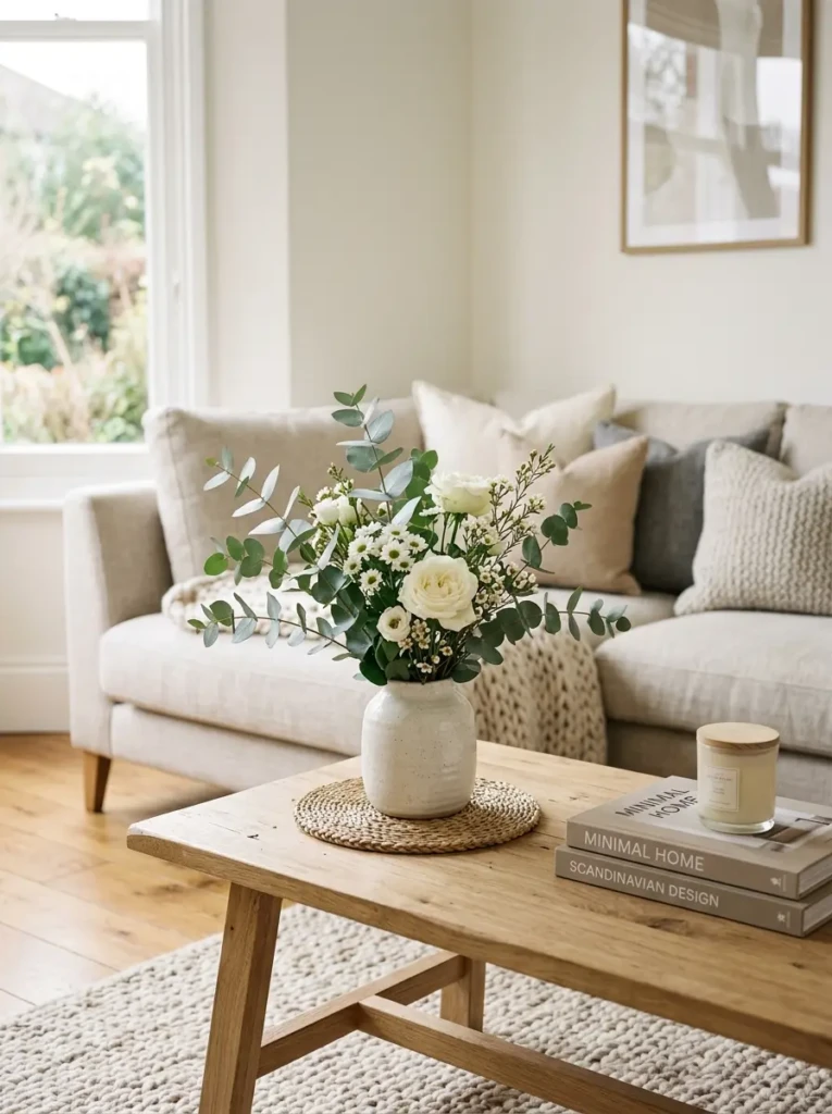 Vase with eucalyptus stems and white flowers displayed on a stylish coffee table.