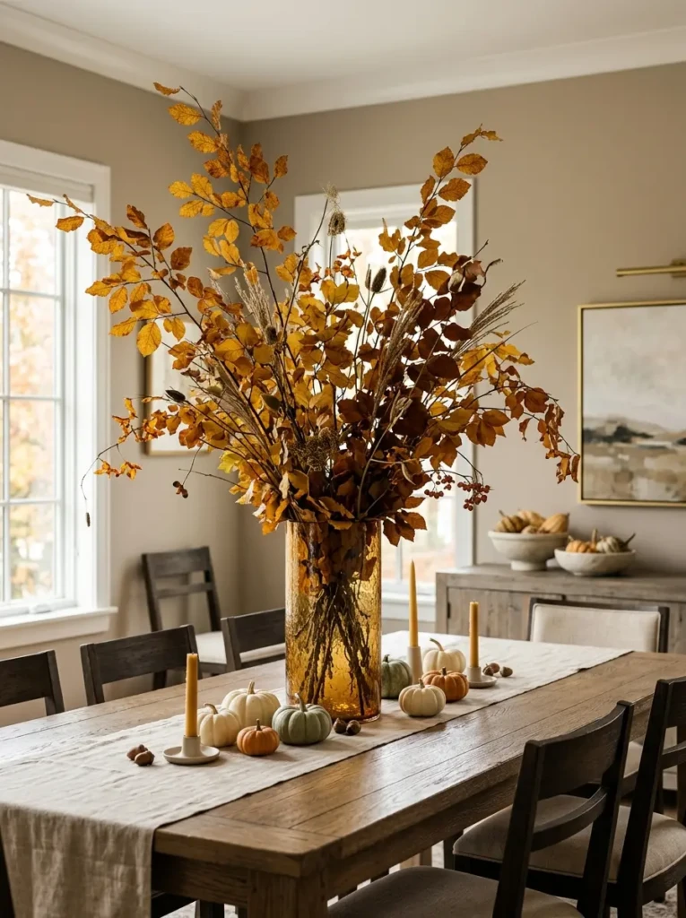 Tall vase filled with golden autumn branches creating a dramatic dining room focal point.