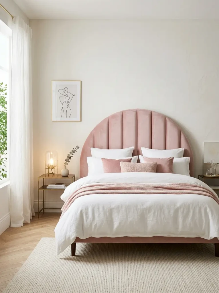 Soft pink curved headboard creating a luxurious and sophisticated bedroom look