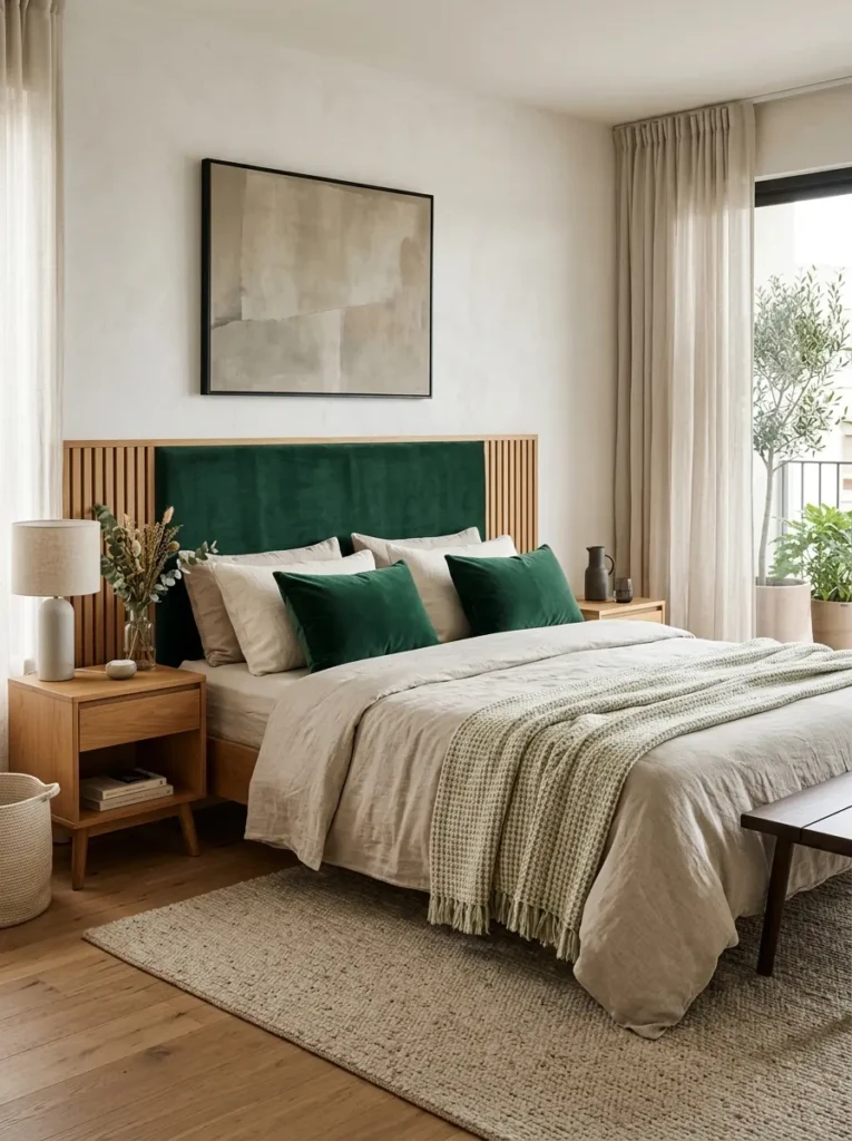 Stylish bedroom showcasing elegant linen and velvet headboard designs.