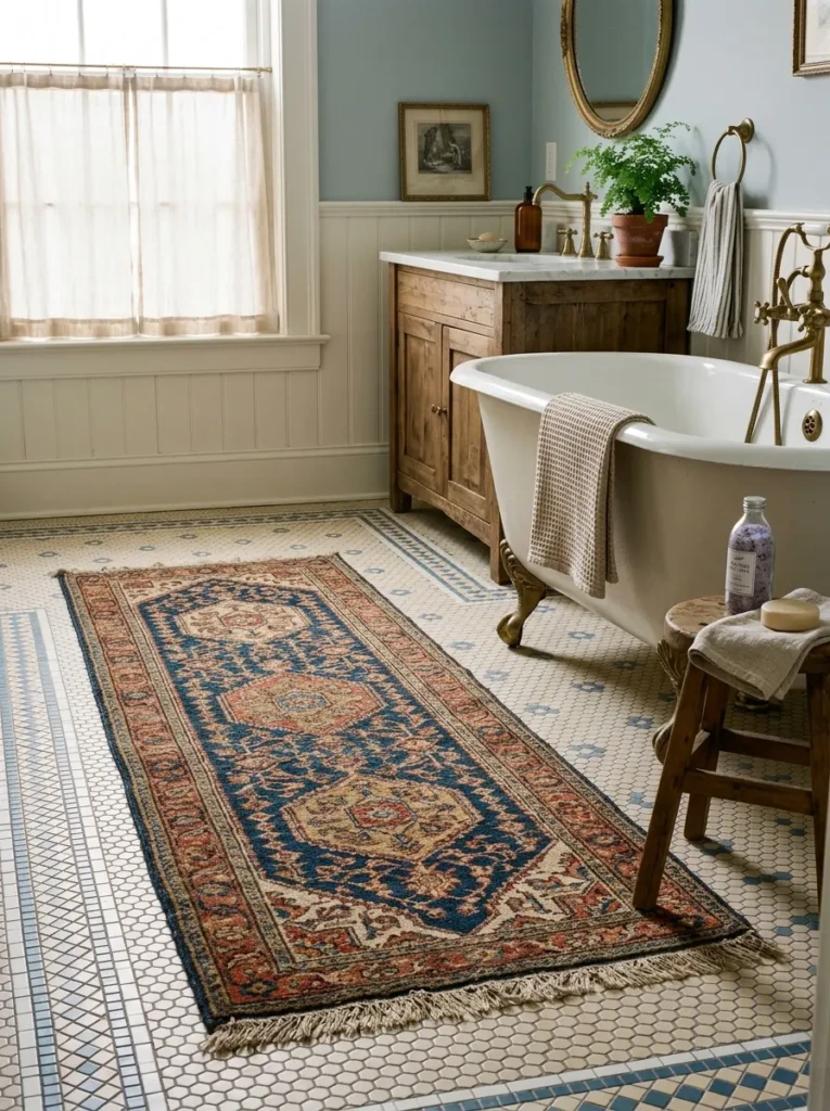 Elegant bathroom featuring a patterned runner and layered textures