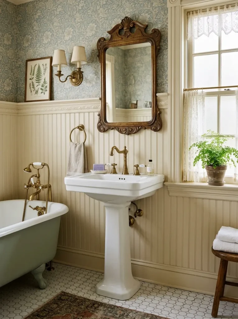 Classic pedestal sink with antique brass faucets and a decorative framed mirror in a vintage-inspired bathroom.