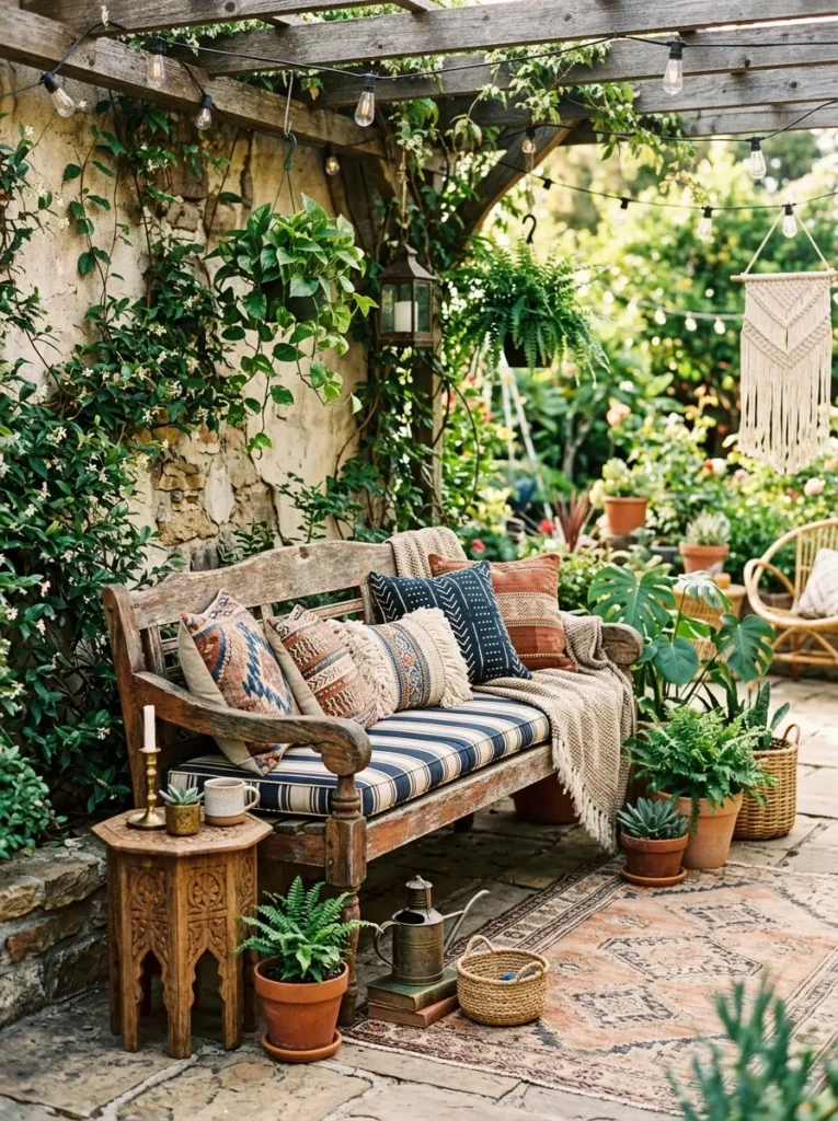 Vintage wooden bench styled with modern cushions and bohemian outdoor decor