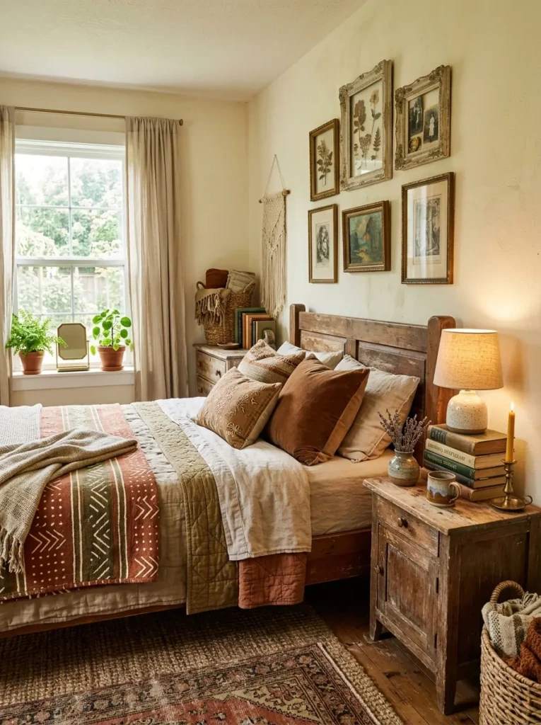 Vintage books, handmade ceramics, and rustic accents styled in a bohemian bedroom.