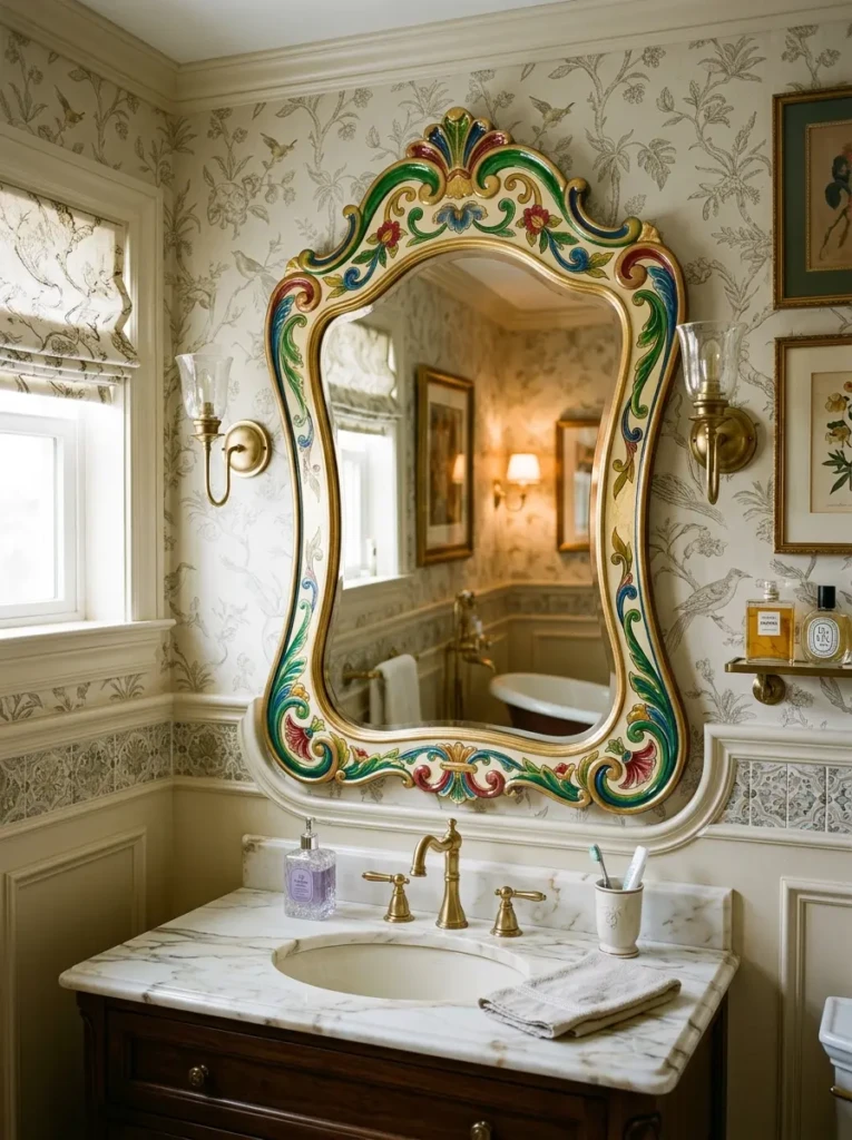 Vintage-inspired colorful mirror in a modern bathroom