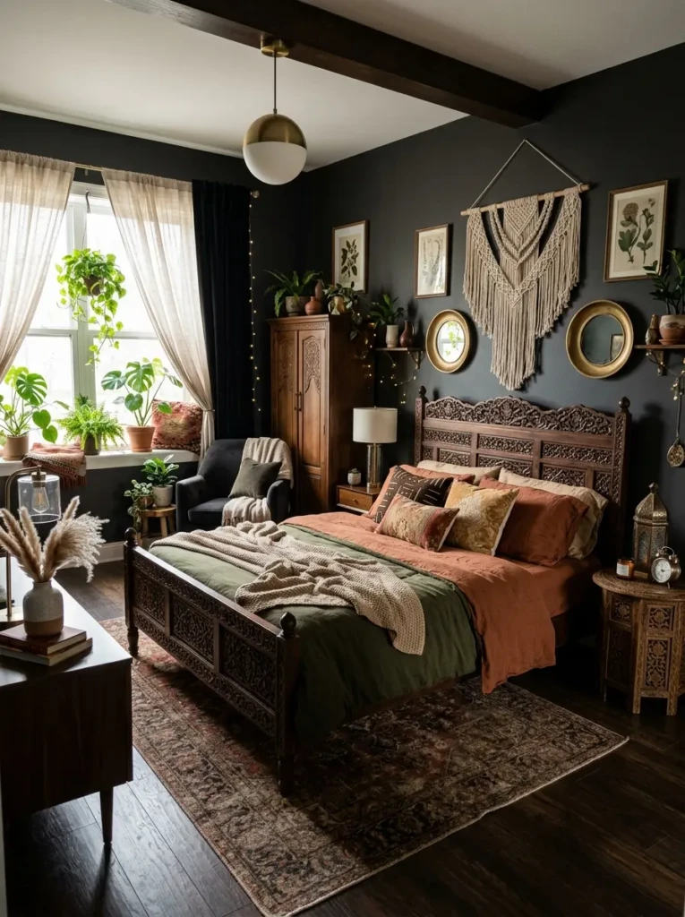 Combination of vintage and modern furniture in a bohemian bedroom.