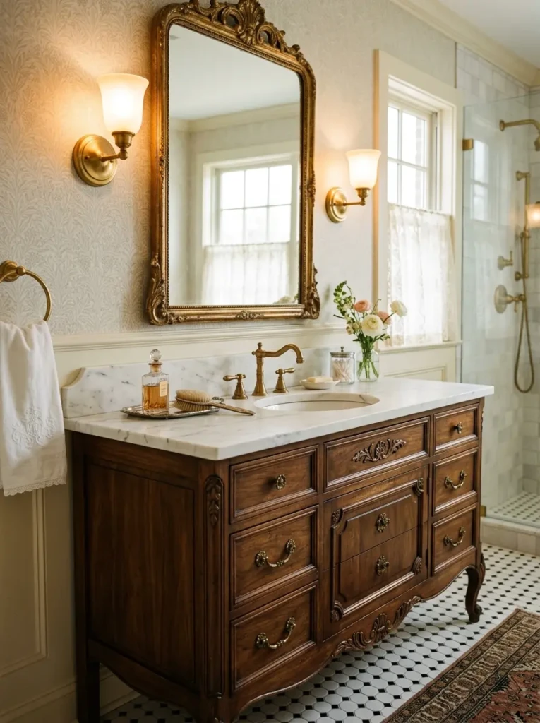 Antique vanity featuring a marble countertop, decorative hardware, and warm lighting.