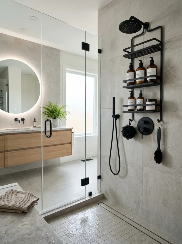Sleek shower caddy holding neatly arranged bath products in a walk-in shower.