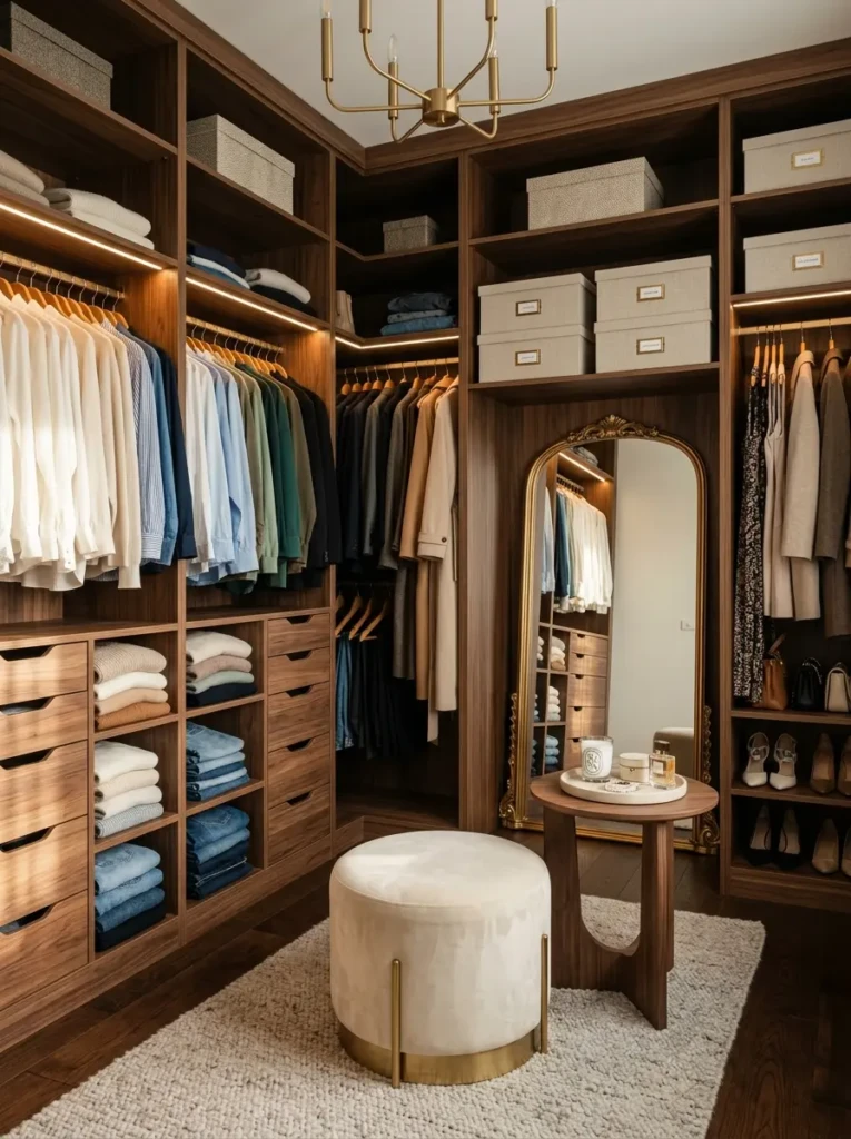 Beautiful walk-in wardrobe featuring neatly arranged clothing and decorative storage.