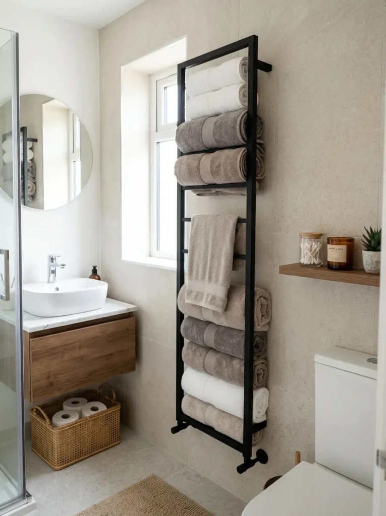Wall-mounted vertical towel rack holding coordinated towels in a compact bathroom.