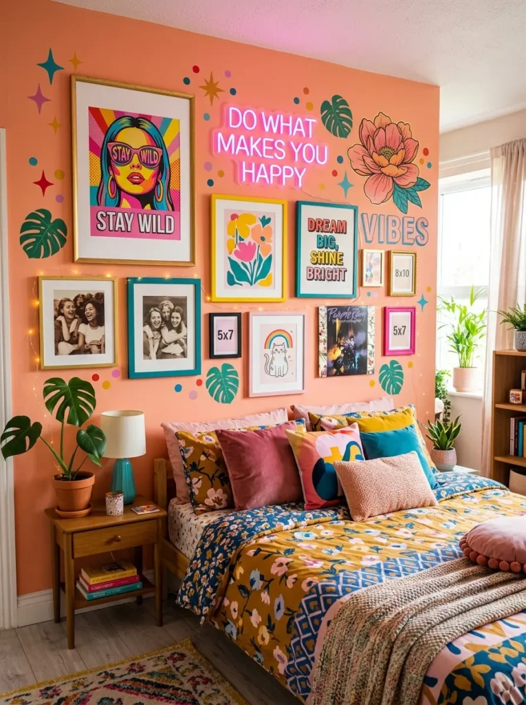 Framed prints, posters, and decals arranged in a playful bedroom display.