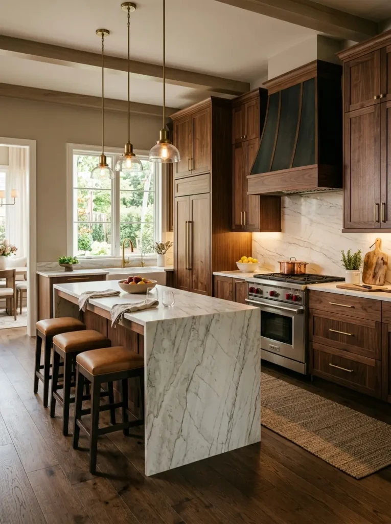 Walnut kitchen cabinetry combined with stone countertops, ambient lighting, and metallic details.