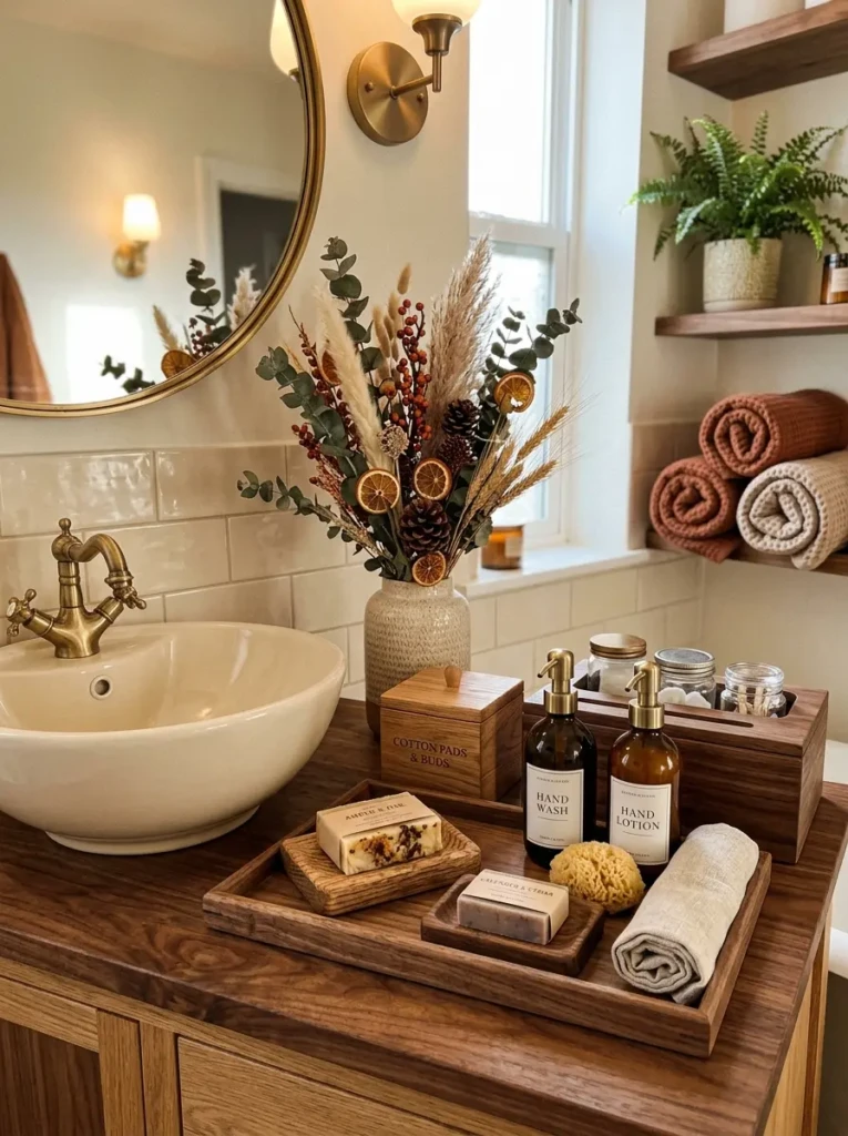 Walnut and oak decor pieces creating a warm and inviting autumn bathroom.
