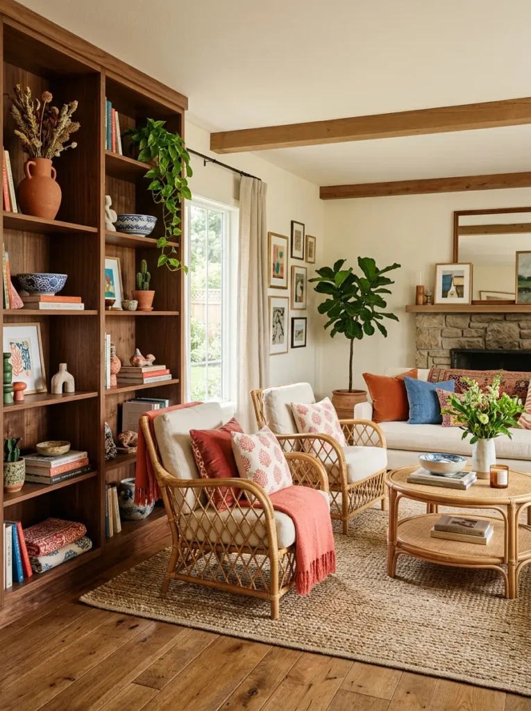 Walnut shelving and colorful accessories creating warmth and balance in a stylish interior.