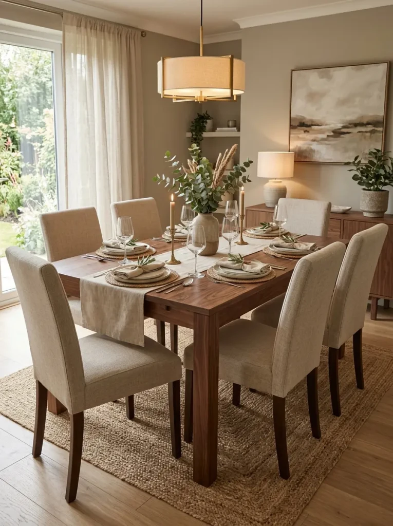 Walnut dining table paired with neutral upholstered chairs in a stylish dining room