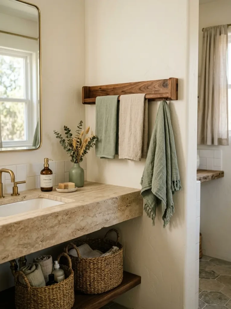 Walnut towel rack styled with sage green accents, linen towels, and woven textures.