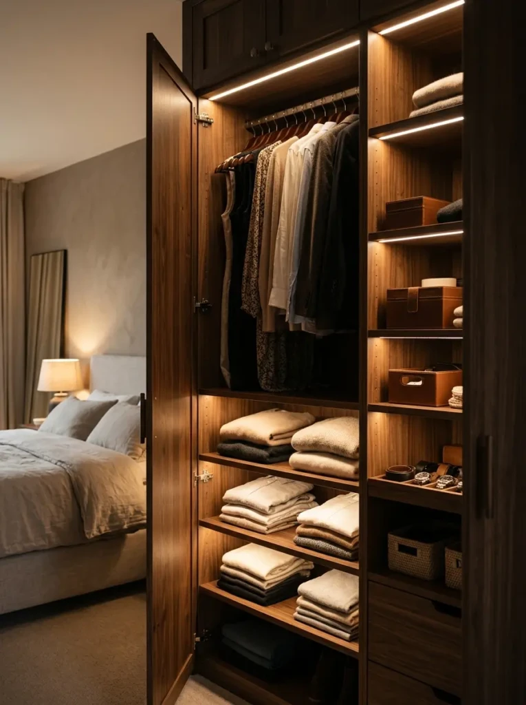 Modern wardrobe featuring motion-sensor lighting and beautifully organized storage.