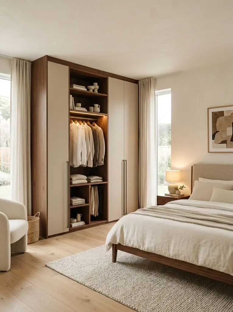 Stylish walnut and beige wardrobe adding warmth and contrast to a modern bedroom.