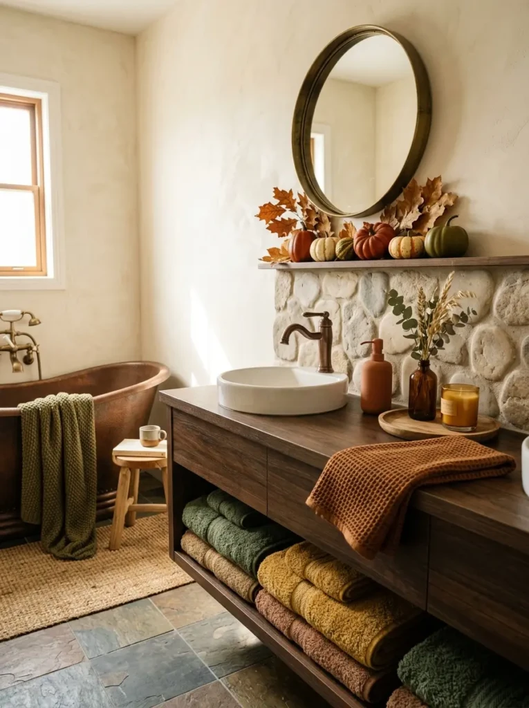 Elegant autumn accessories bringing rich earthy tones into a bathroom.