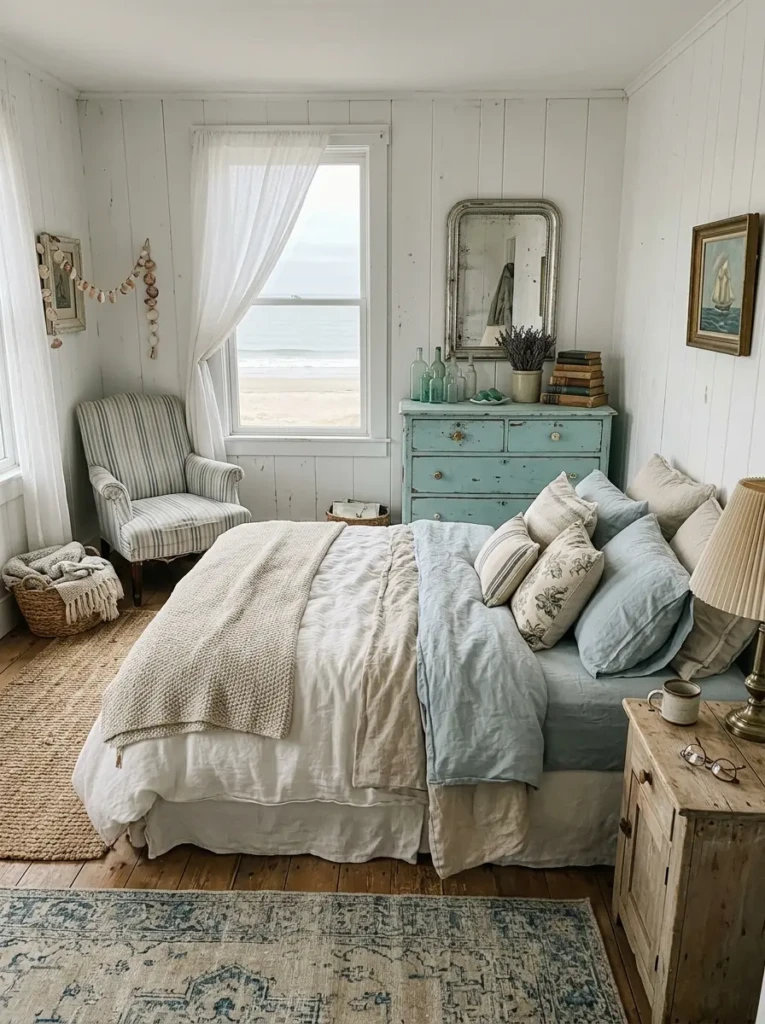 Coastal bedroom blending antique furniture with modern beach aesthetics
