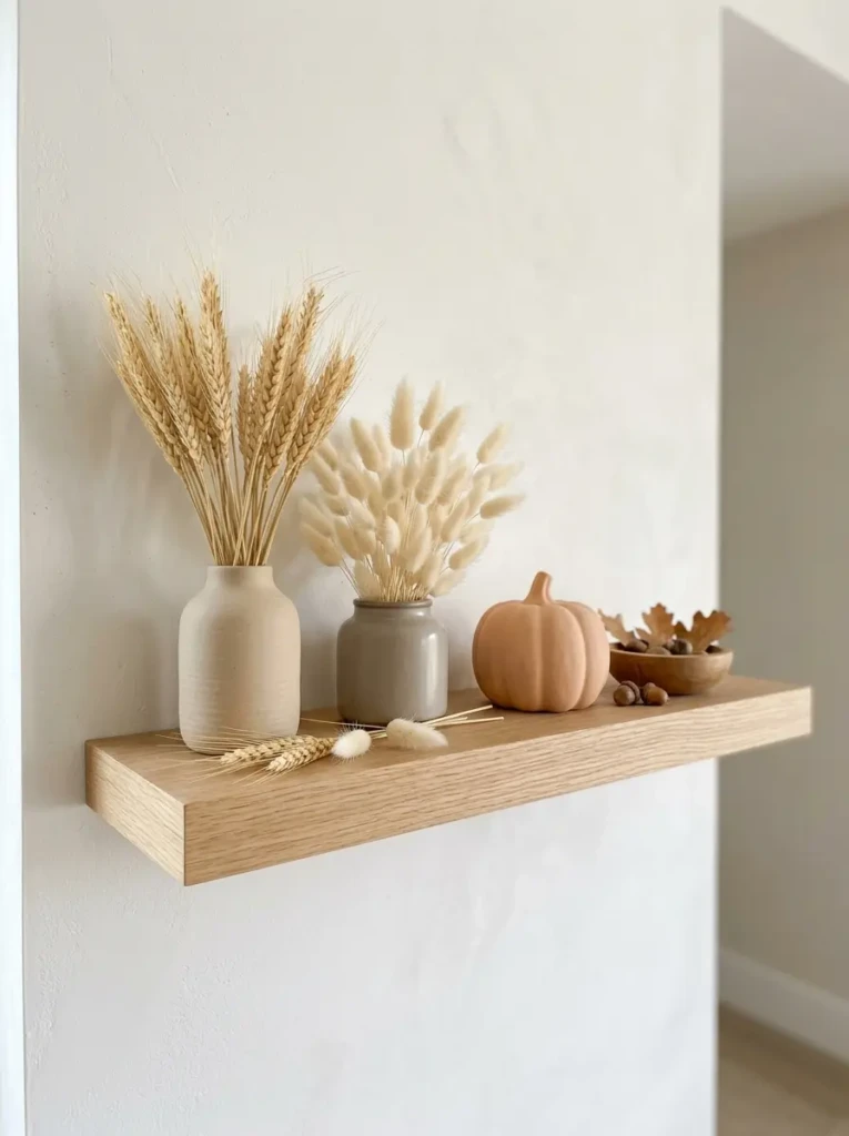 Wheat stems and bunny tails decorating a bathroom shelf with natural elegance.
