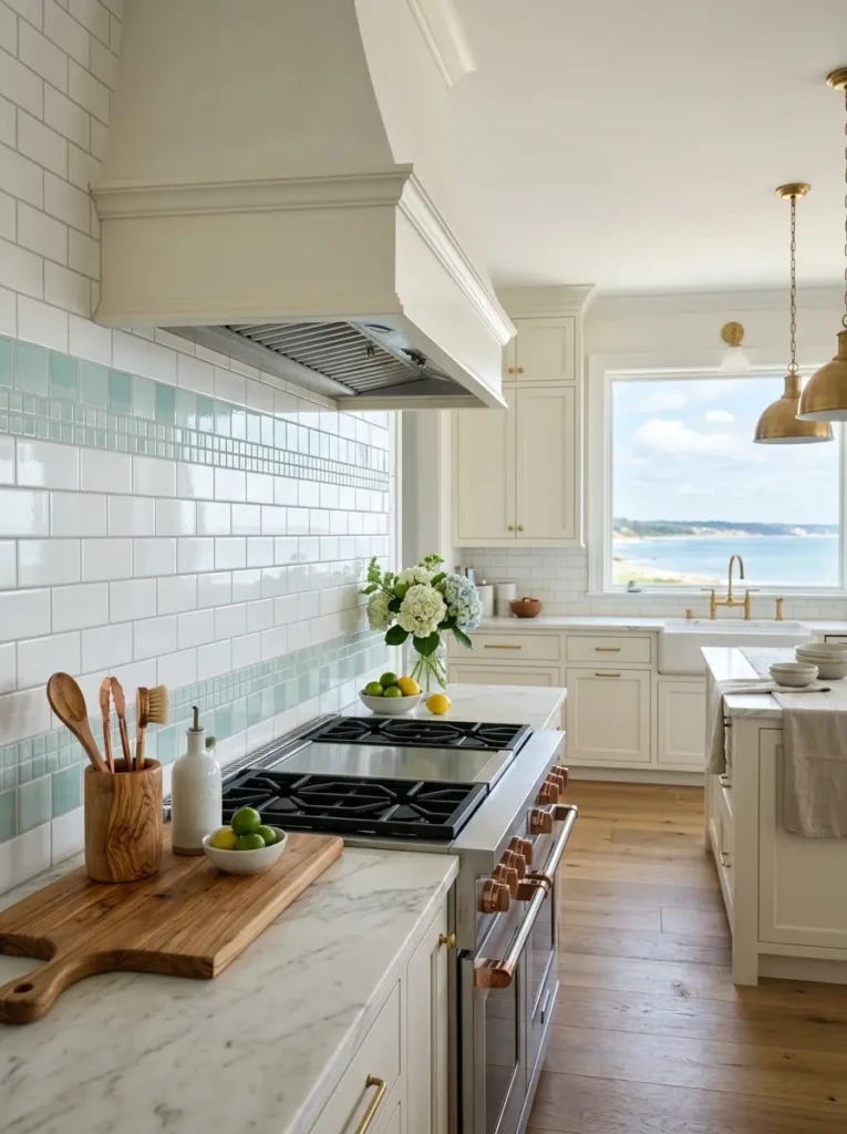 White subway tile and pale aqua backsplash creating a fresh seaside look.