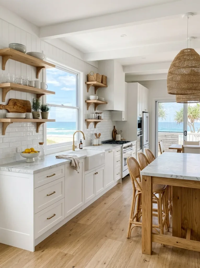 Bright coastal kitchen combining white cabinetry with warm wooden accents.