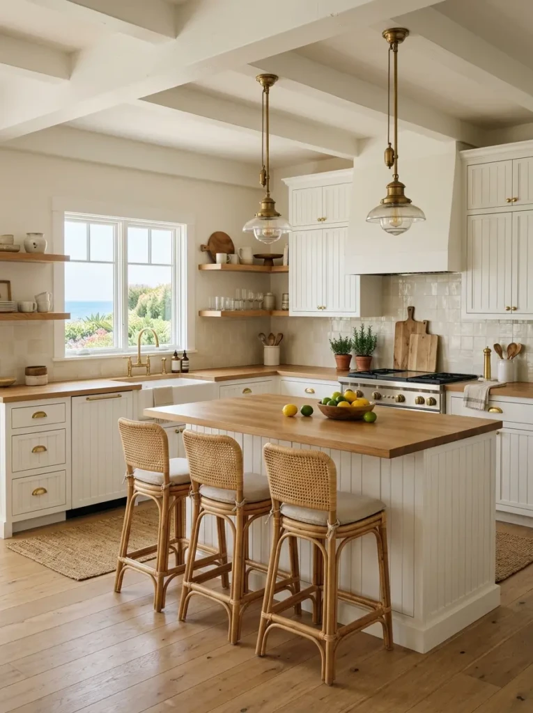 White beadboard cabinets paired with brass hardware in a beach kitchen.