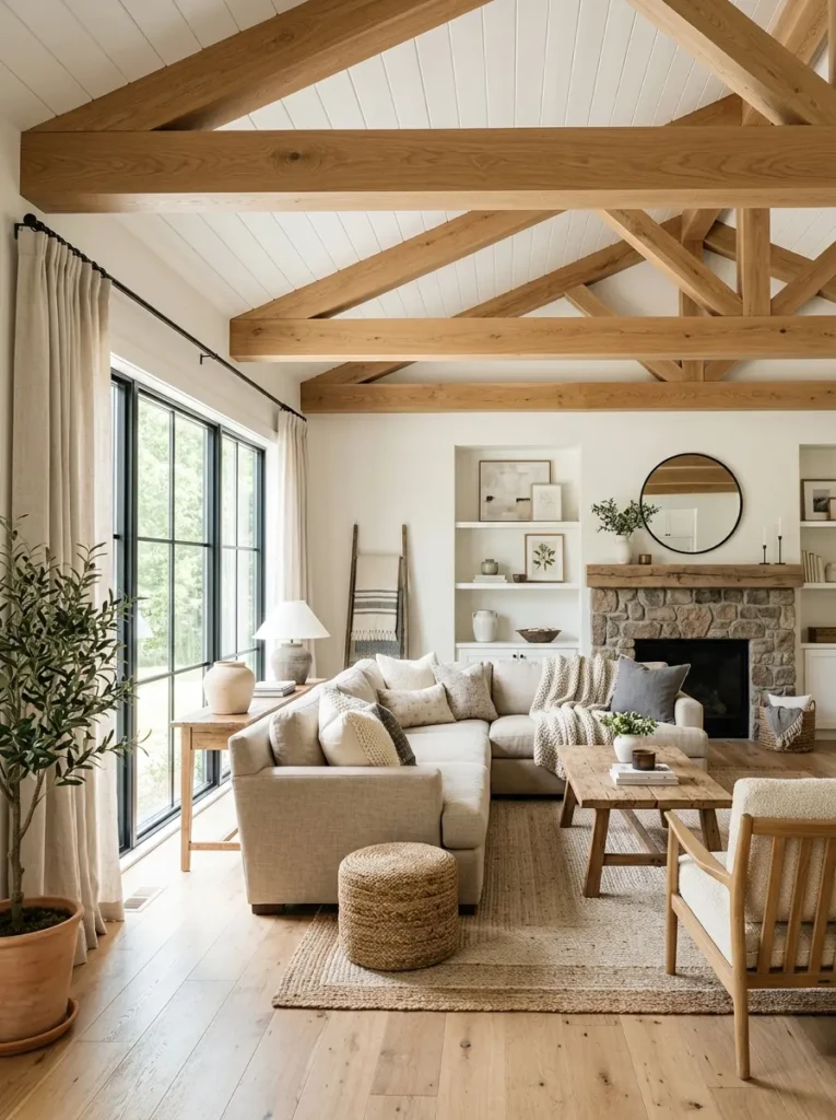 Airy living room featuring natural oak beams, neutral colors, and farmhouse-inspired décor.