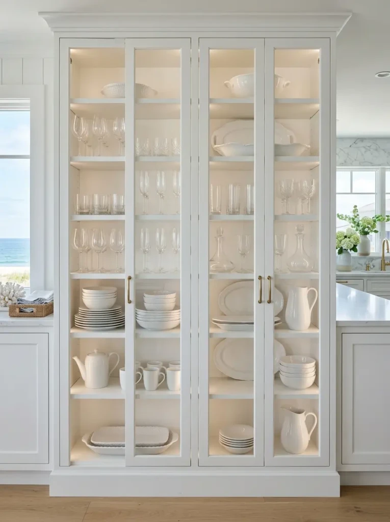 Organized glass cabinet shelves showcasing white dishes and decorative pieces.