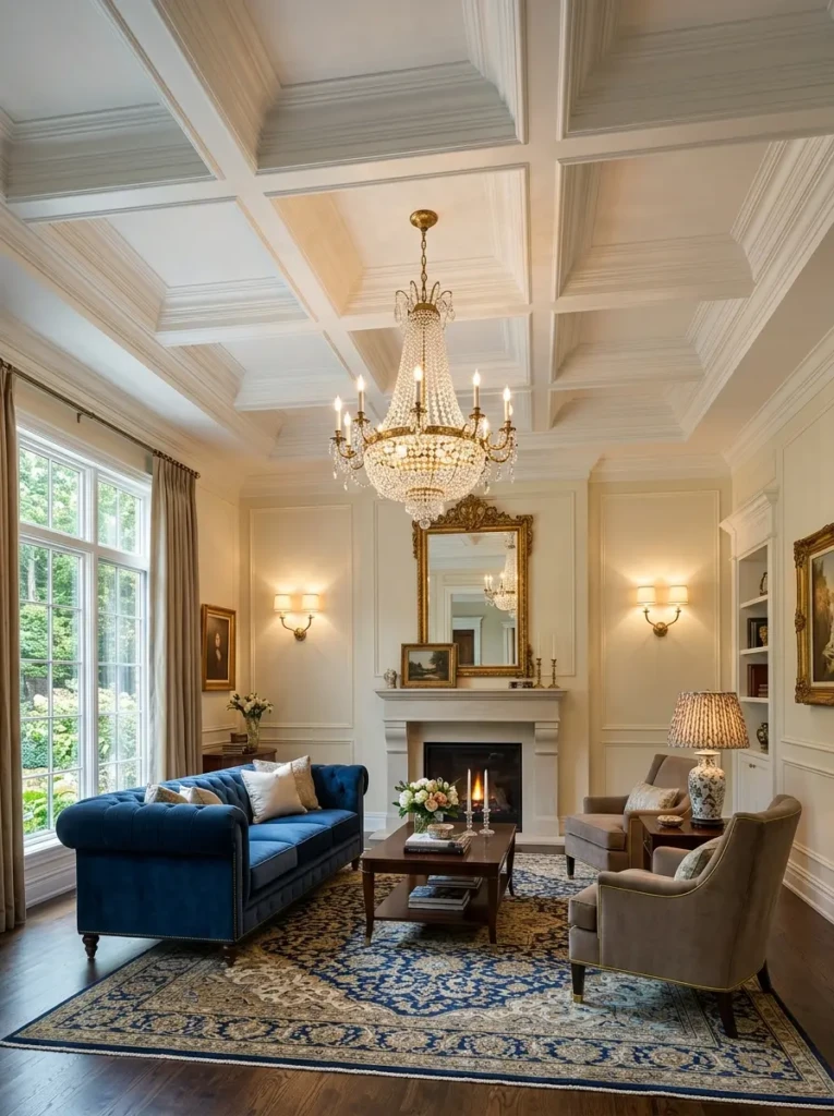 Refined living room showcasing a coffered ceiling paired with a statement chandelier.