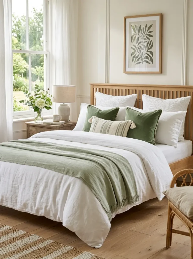 White linen bedding paired with sage green accents and textured pillows.