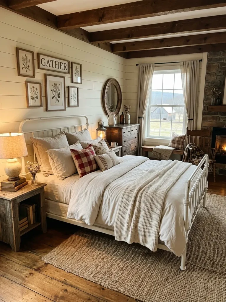 Cozy farmhouse bedroom with a metal bed frame, rustic wood furniture, and layered bedding