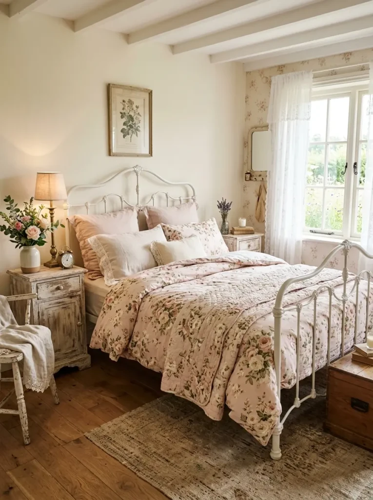 Romantic cottage bedroom with a white metal bed frame, floral bedding, and vintage decor