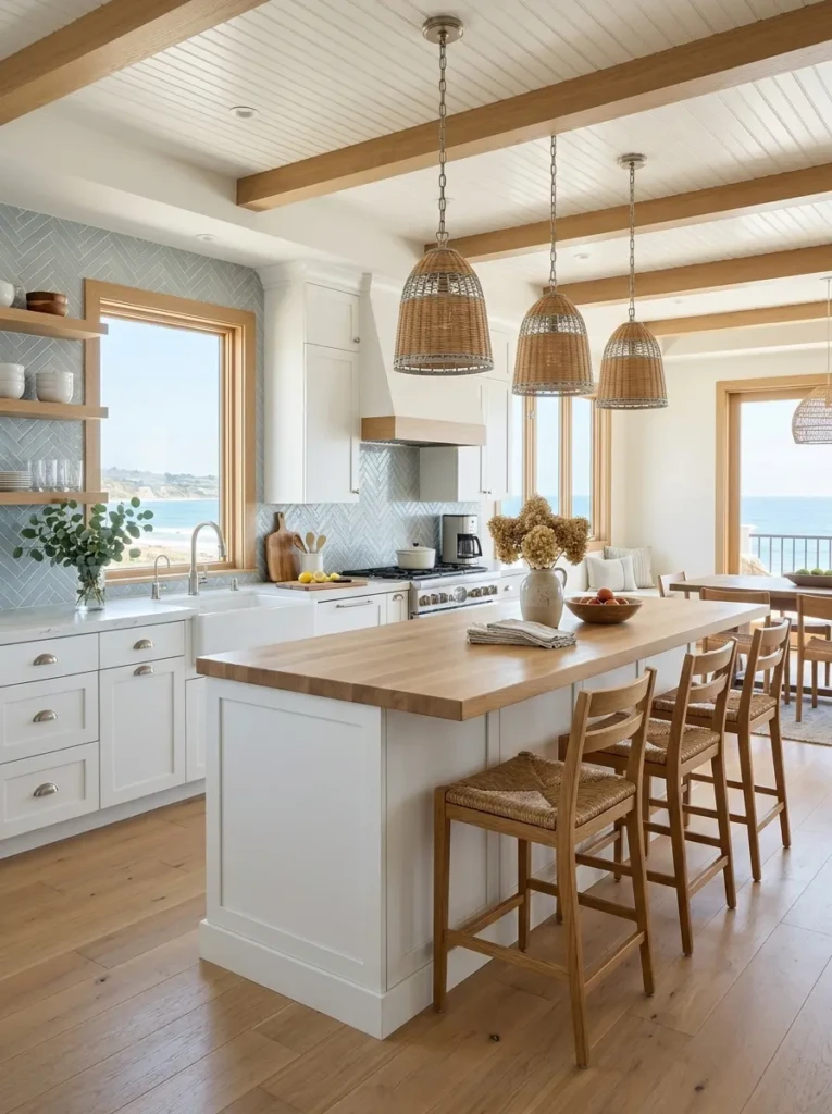White shaker cabinets with brushed nickel hardware in a coastal-style kitchen.