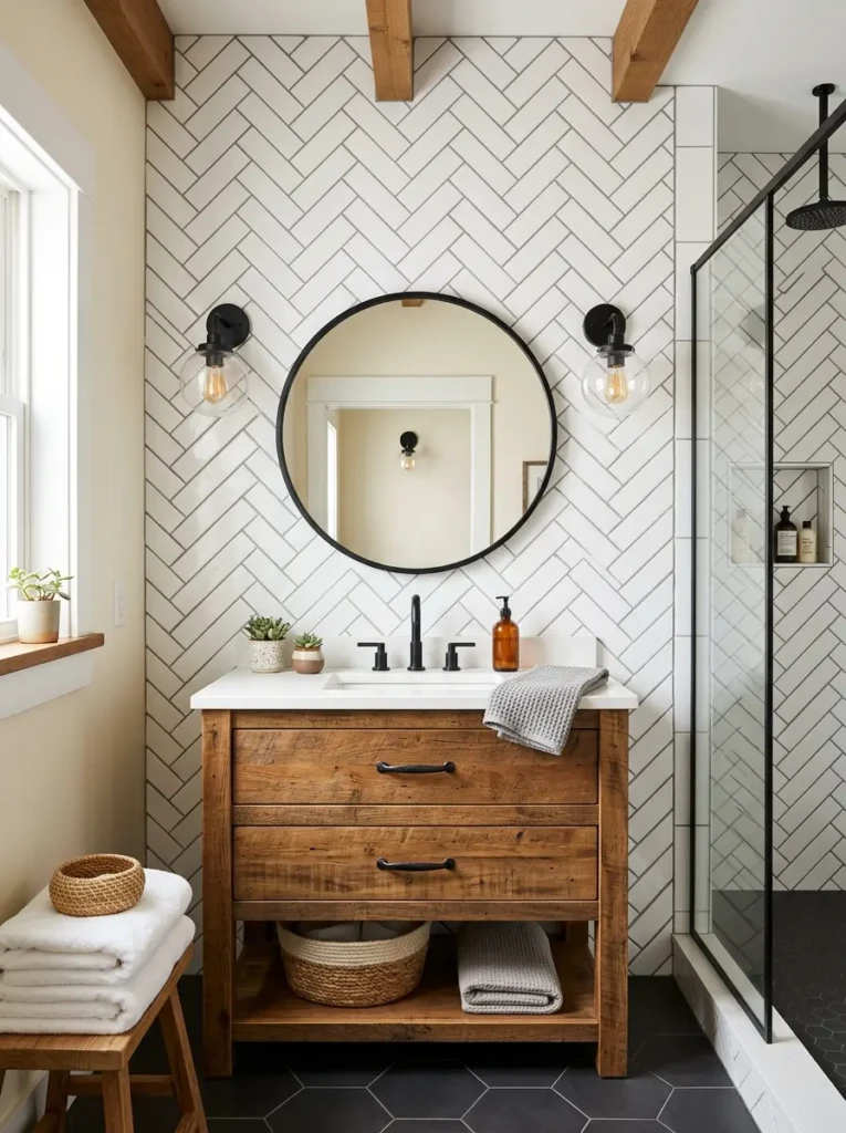 White herringbone subway tile adding elegant texture to a farmhouse bathroom.