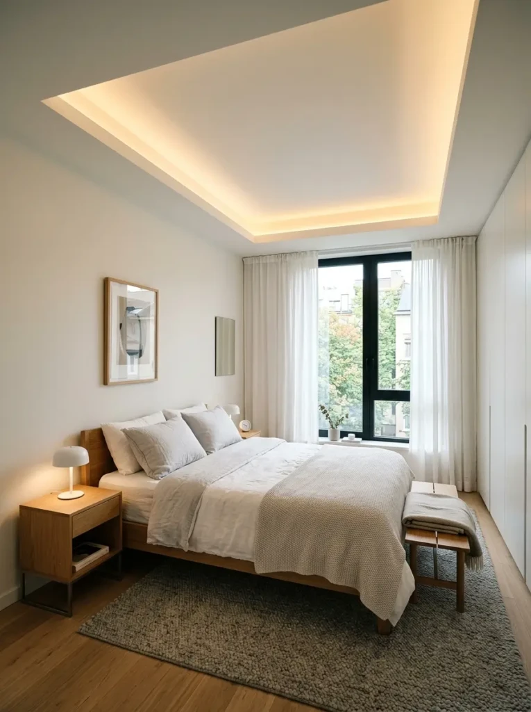 Compact bedroom featuring a white tray ceiling with hidden lighting and elegant simplicity.