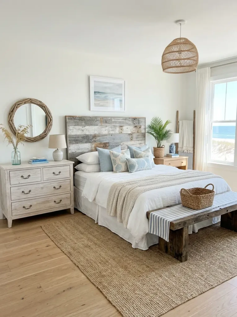 Coastal bedroom with reclaimed wood and whitewashed furniture finishes