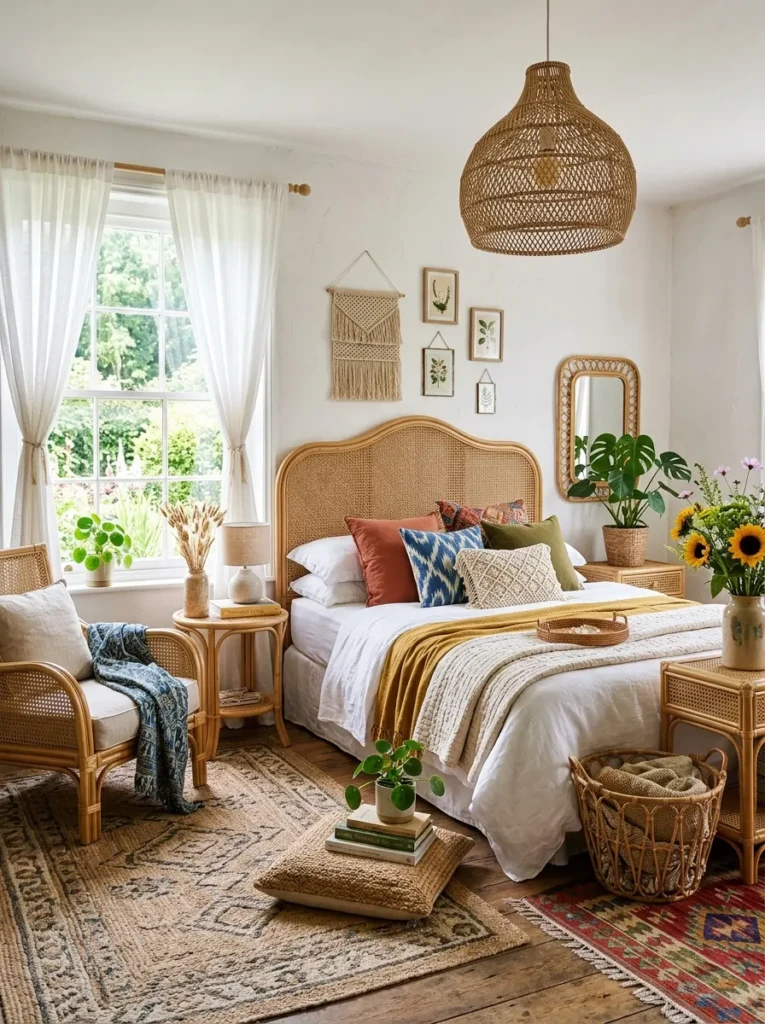 Wicker baskets, cane furniture, and woven lighting in a colorful bohemian bedroom.