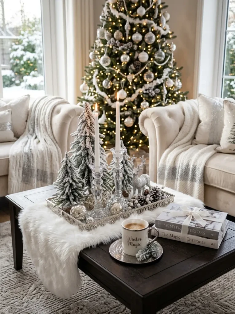 Christmas coffee table styled with frosted trees, silver accents, crystal decor, and snowy winter details.
