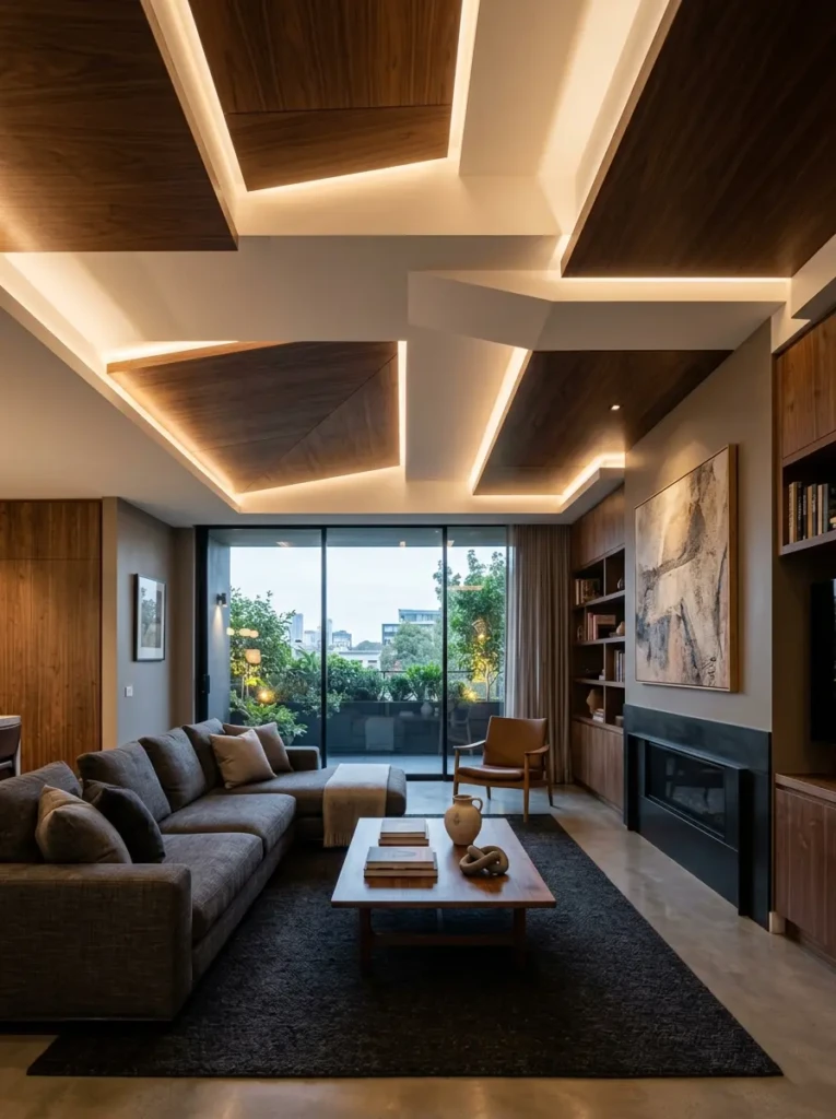 Sophisticated living room showcasing a mixed-material ceiling with hidden LED lighting.