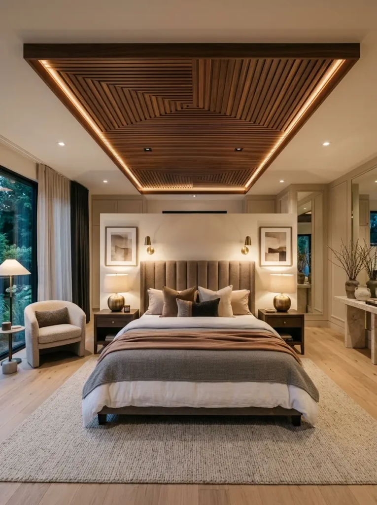 Luxury bedroom with a wood-accent false ceiling highlighting the sleeping area.