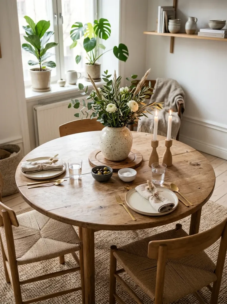 Wooden accents paired with greenery and ceramics on a round dining table.