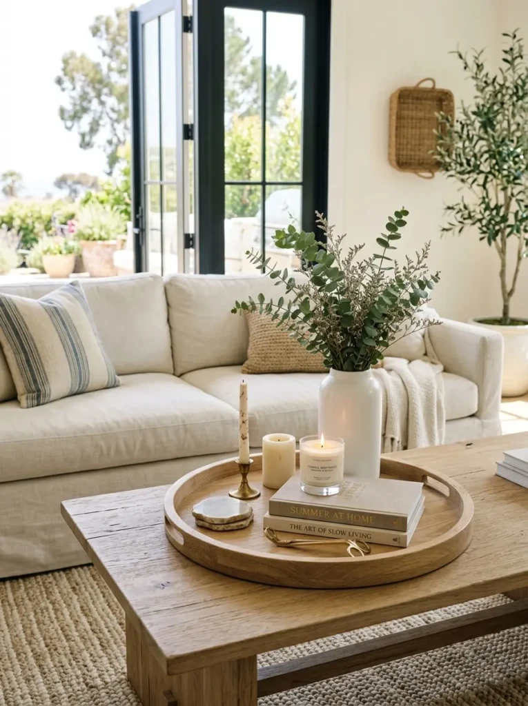 Wooden tray arranged with candles, books, and a vase on a summer coffee table.
