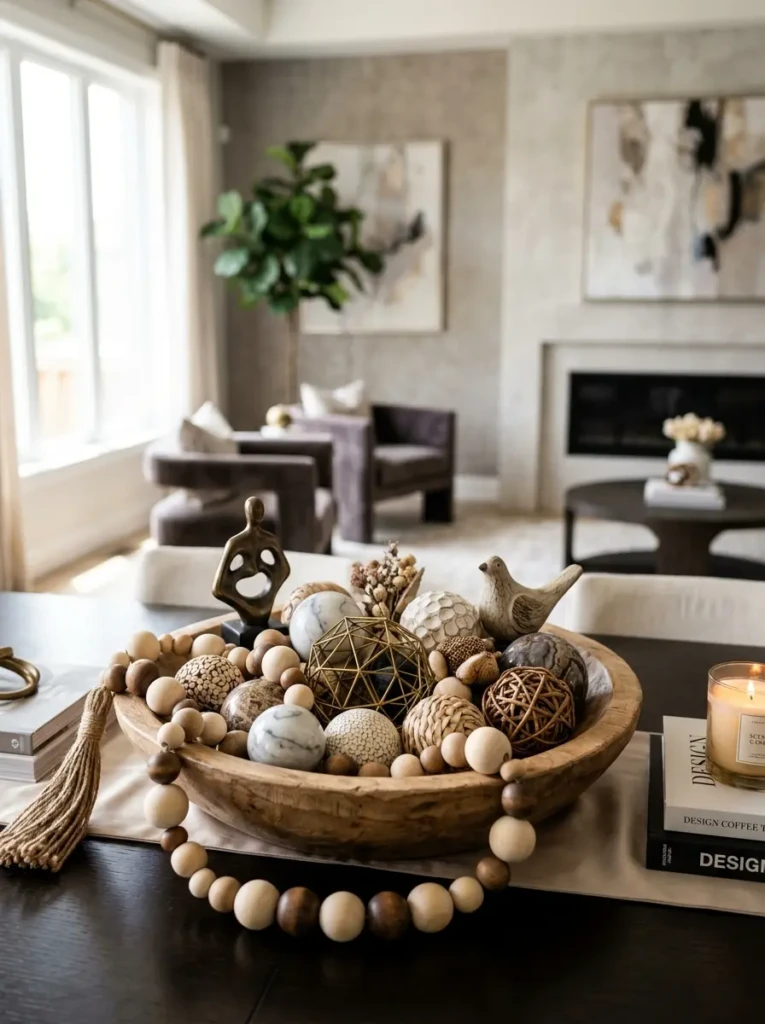 Wooden beads and decorative accents arranged neatly in a bowl centerpiece.